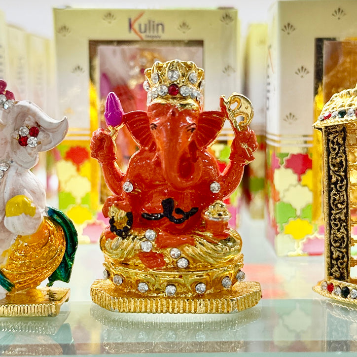 Shri Ganesh Ji – Hindu Car Dashboard Idol (2.5 Inches) with Stick-On Base – Red Enamel Crown Design