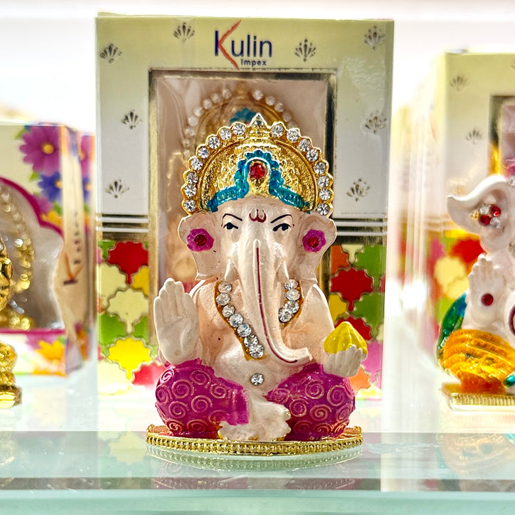 Shri Ganesh Ji – Hindu Car Dashboard Idol (2.5 Inches) with Stick-On Base – White & Pink Modak Design