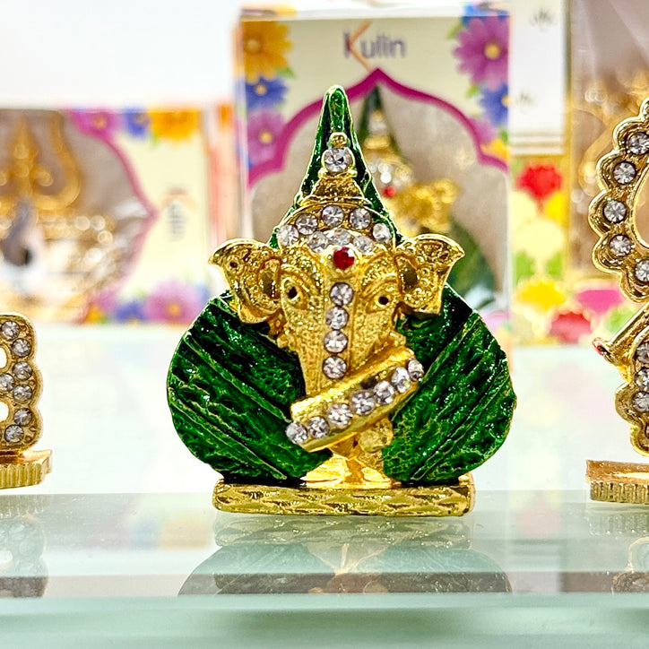 Shri Ganesh Ji – Hindu Car Dashboard Idol (2 Inches) with Stick-On Base – Green Leaf Design