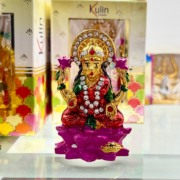 Shri Lakshmi Maa – Hindu Car Dashboard Idol (2.5 Inches) with Stick-On Base – Lotus Design