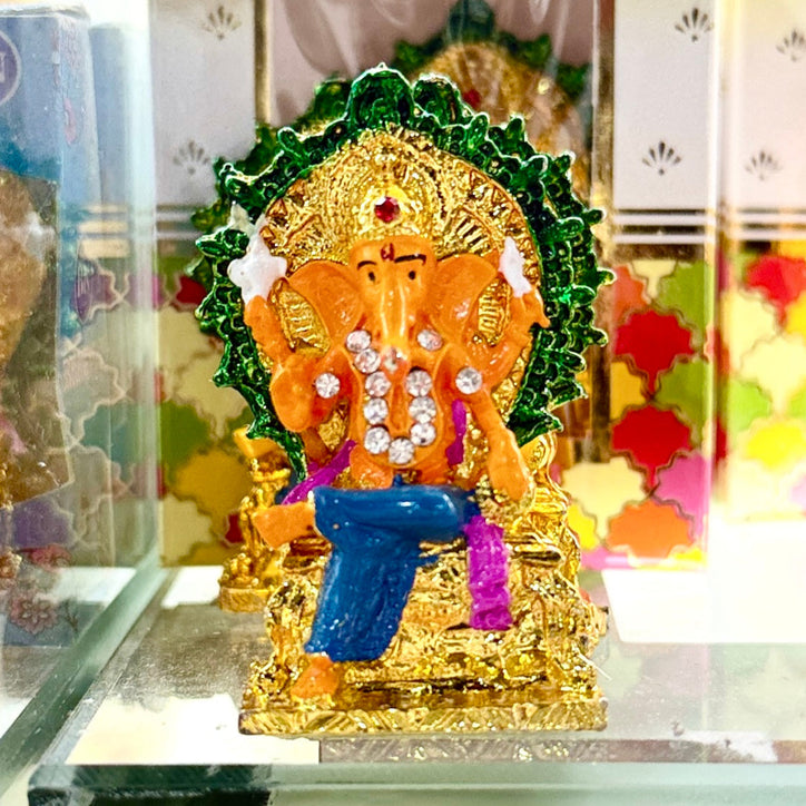 Shri Ganesh Ji – Hindu Car Dashboard Idol (2 Inches) with Stick-On Base – Royal Throne Design