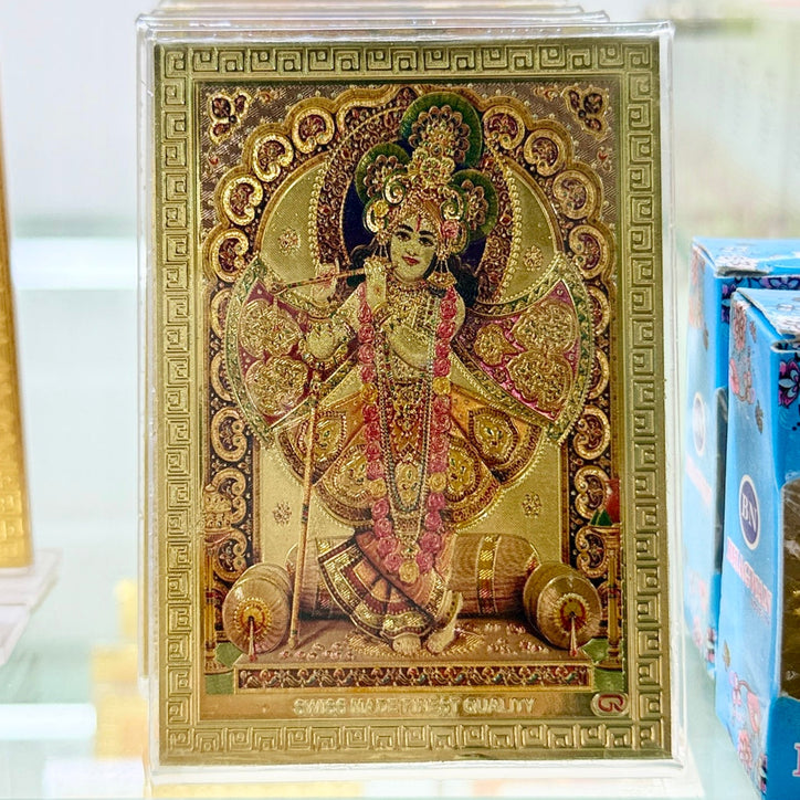 Shri Krishna Ji – Golden Foil Look Frame Idol (3.5 Inches) with Stand – Hindu Car Dashboard or Home Display