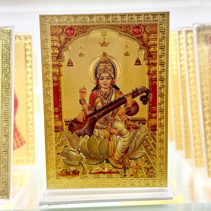 Shri Saraswati Maa – Golden Foil Frame Idol (3.5 Inches) with Stand Base – Hindu Car Dashboard or Home Display