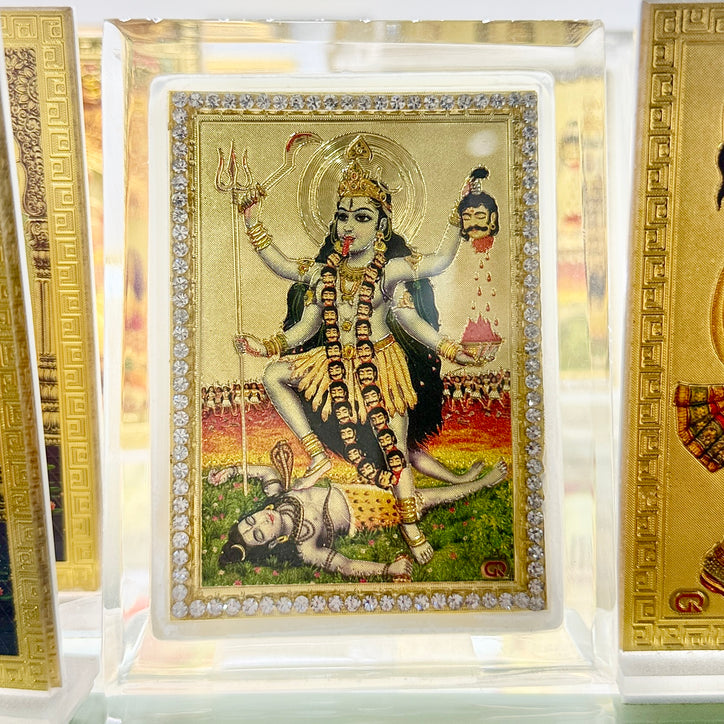Shri Kali Maa – Golden Foil Frame Idol (3.5 Inches) with Stand Base & Double-Sided Tape – Hindu Car Dashboard or Home Display