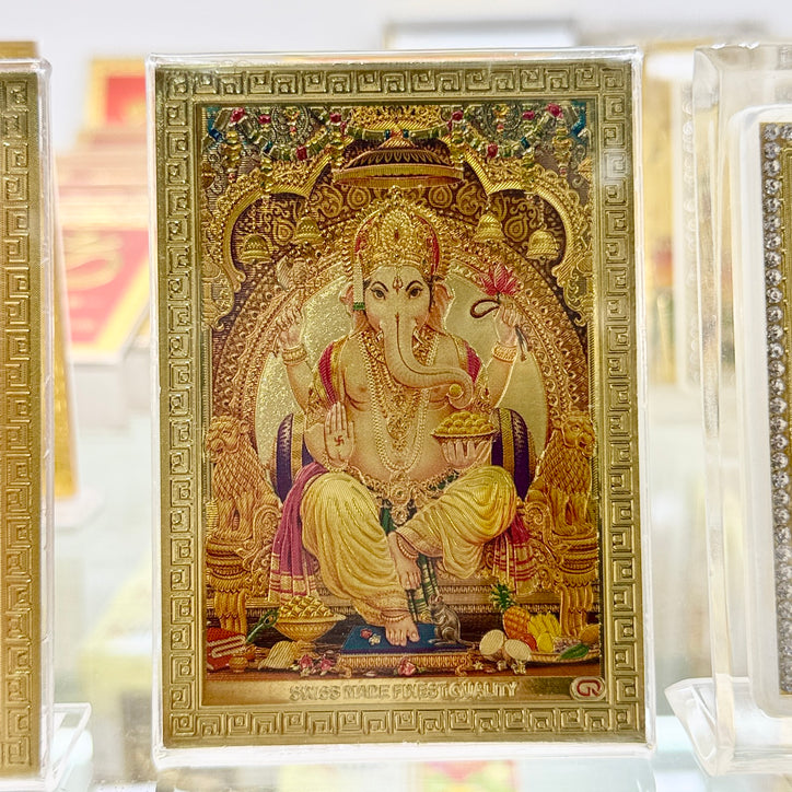 Shri Ganesh Ji – Golden Foil Frame Idol (3.5 Inches) with Stand Base & Double-Sided Tape – Hindu Car Dashboard or Home Display