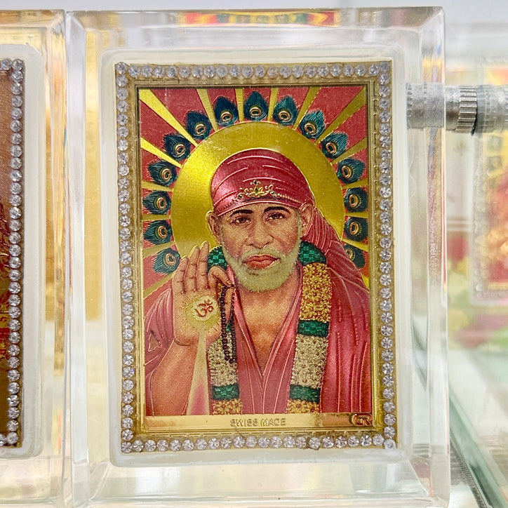 Shri Sai Baba – Golden Foil Frame with Built-In Stand (3.5 Inches) & Double-Sided Tape – Ideal for Car Dashboard or Daily Pooja