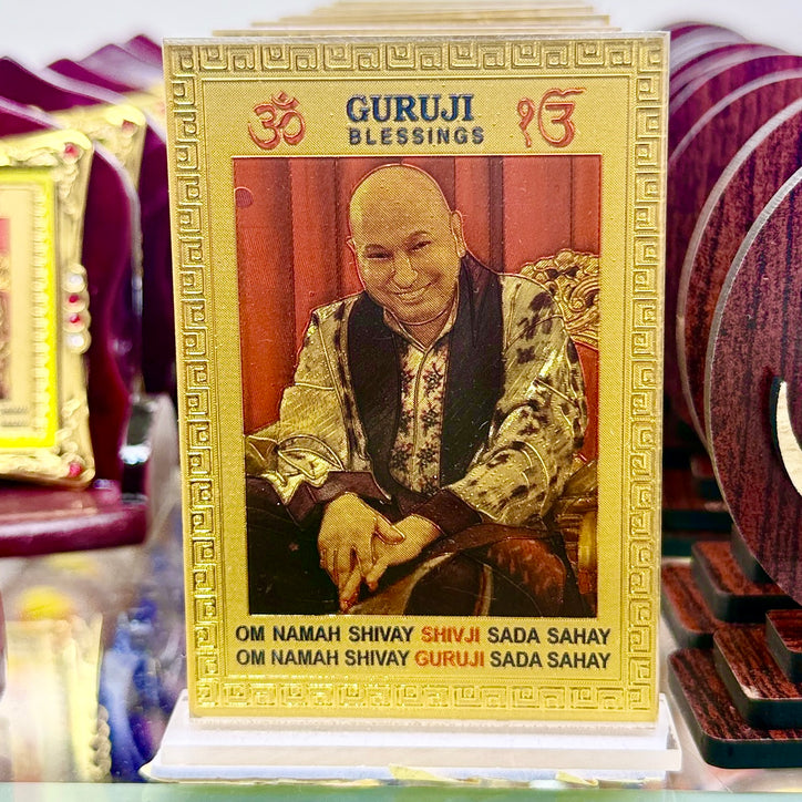 Guruji Blessings – 3.5” Golden Foil Frame with Built-In Stand & Double-Sided Tape – Ideal for Car Dashboard or Daily Pooja