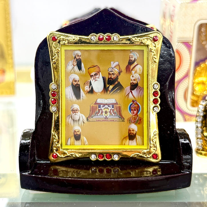 All 10 Sikh Gurus with Guru Granth Sahib – Framed Idol (3.5”) | Solid Wood Stand | For Car, Home, Mandir & Gifting