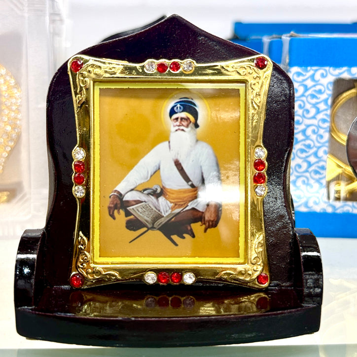 Baba Deep Singh Ji – Framed Idol (3.5”) | Solid Wood Stand | For Car, Home, Mandir & Gifting