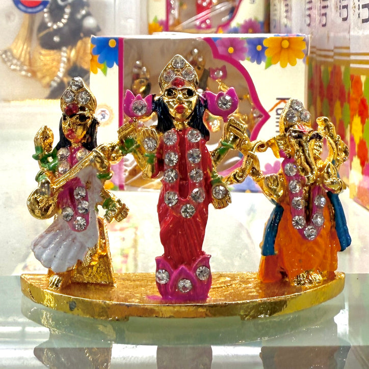 Saraswati Lakshmi Ganesh Ji Idol Set (2”) – Colourful Mini Trio for Car, Desk & Gifting