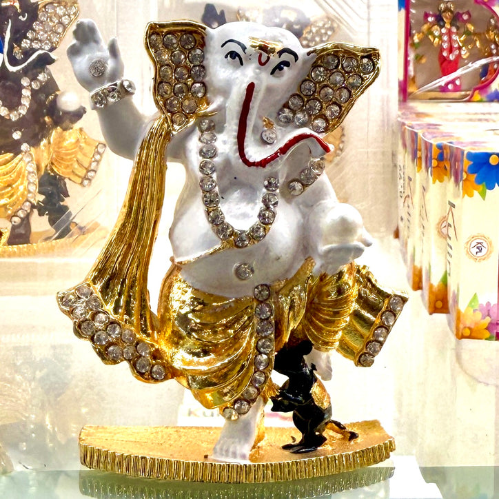 Dancing Shri Ganesh Ji Idol (3”) – Crystal-Finished Murti for Car, Desk & Auspicious Gifting