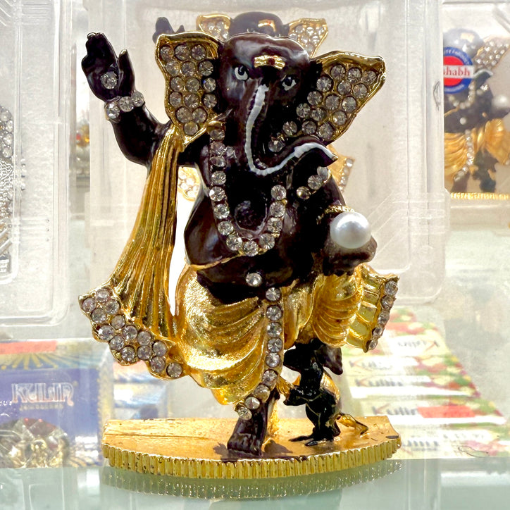 Black Shri Ganesh Ji Idol (3”) – Dancing Ganpati with Pearl & Crystal Accents