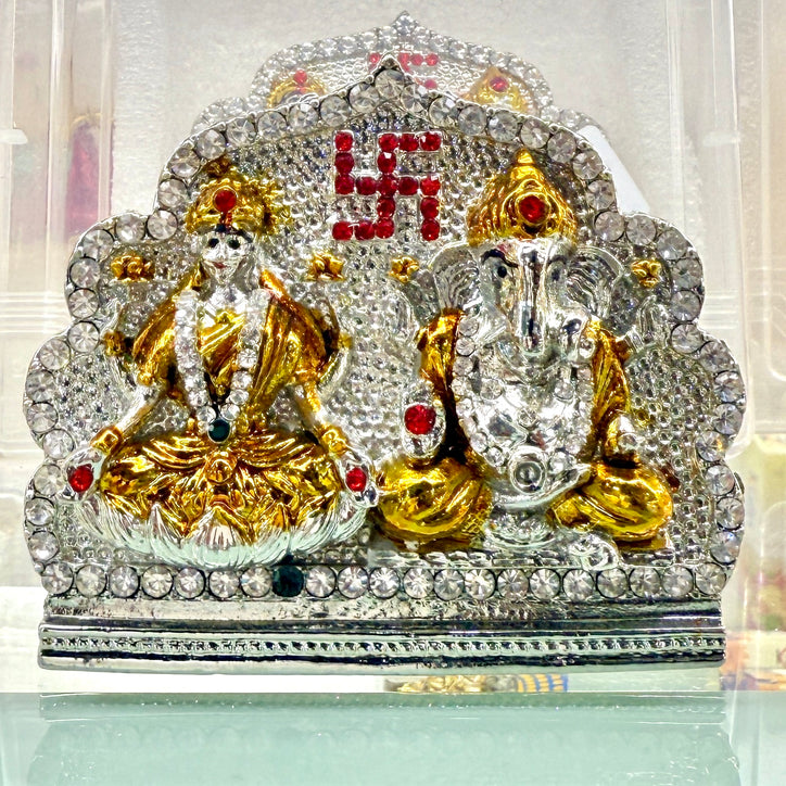 Shri Ganesh Ji Lakshmi Maa Idol (3”) – Silver & Gold Murti with Crystal Swastik Design