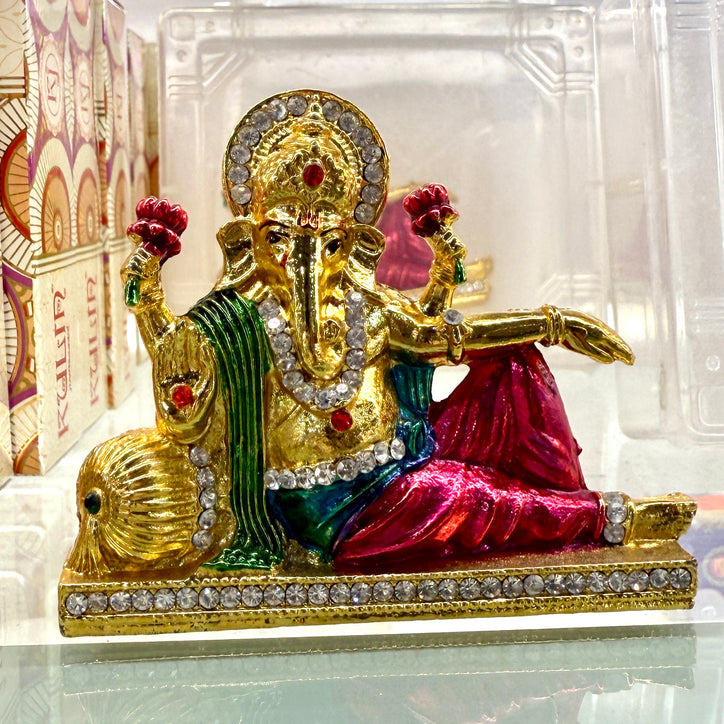 Shri Ganesh Ji Reclining Idol (3”) – Relaxed Pose Murti with Gemstone Finish