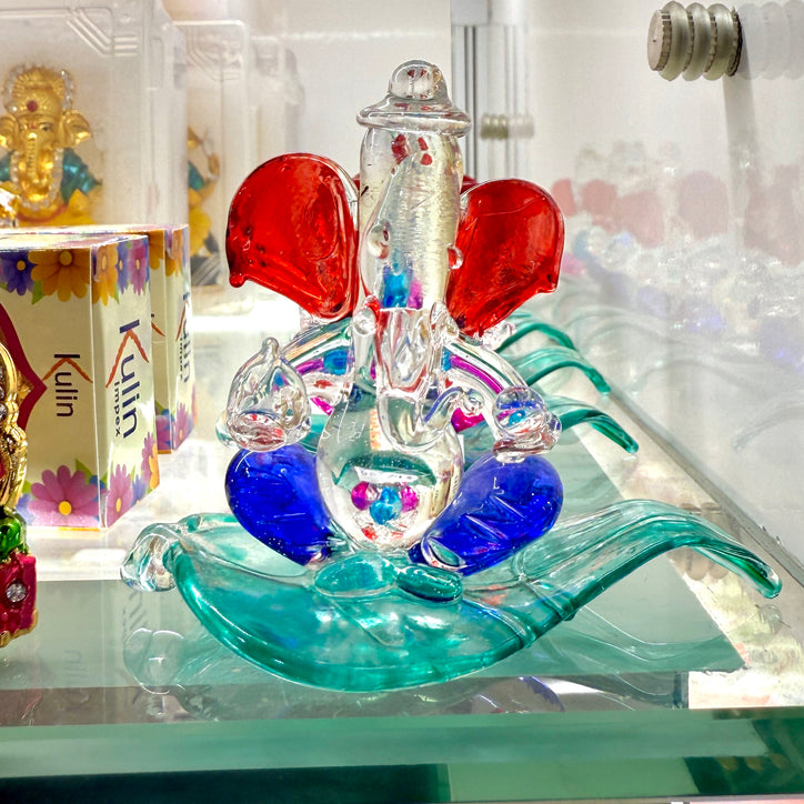 Glass Ganesh Ji Idol (3”) – Seated on Leaf | Gift & Decor