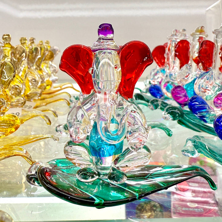 Glass Ganesh Ji Idol (2.5”) – Leaf Base | Gift & Decor
