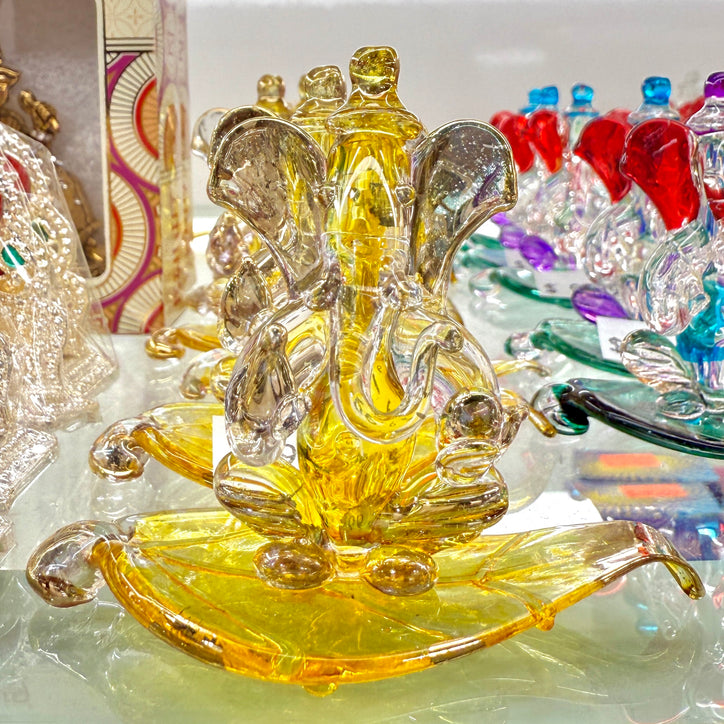 Glass Ganesh Ji Idol (2.5”) – Gold-Toned Design on Leaf Base | Gift & Decor