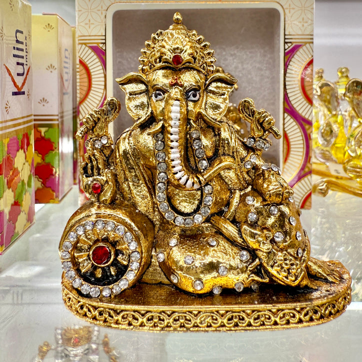 Shri Ganesh Ji Idol with Mouse & Chakra (3”) – Golden Sitting Murti with Crystal Details for Blessings & Wisdom
