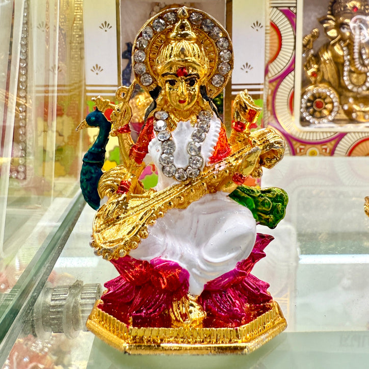 Shri Saraswati Maa Idol (2.5”) – Colorful Sitting Murti with Veena & Peacock for Wisdom & Learning