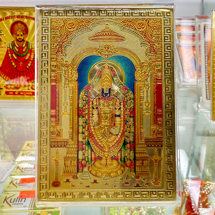 Shri Venkateswara Swamy Ji Gold Sheet Photo Frame (3.5” Tall) – With Stand & Car Dashboard Tape
