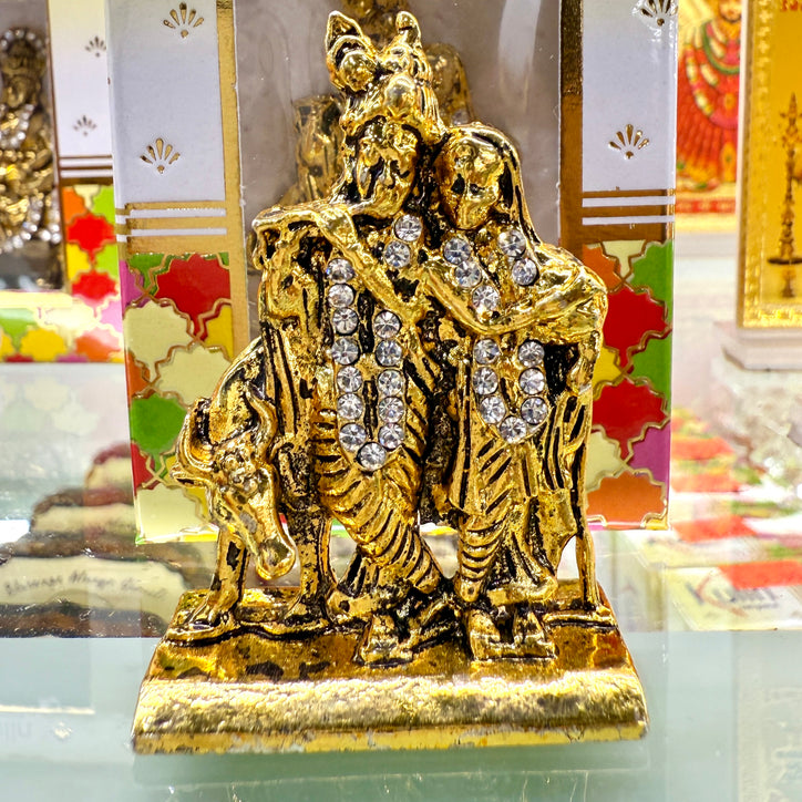 Shri Radha Krishna Ji Idol (2.5”) – Golden Murti with Cow for Love, Harmony & Devotion