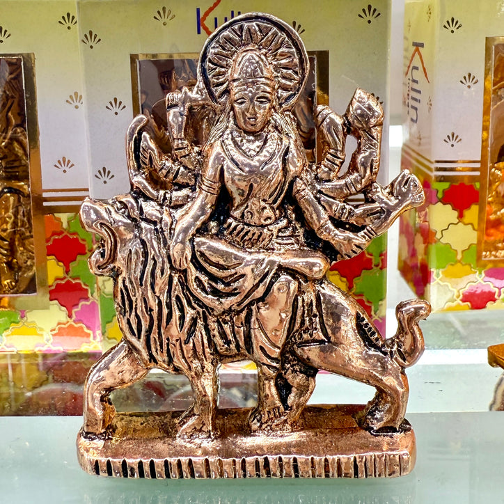 Shri Durga Maa Idol (3”) – Bronze-Tone Murti of Divine Warrior Goddess on Lion for Protection & Strength