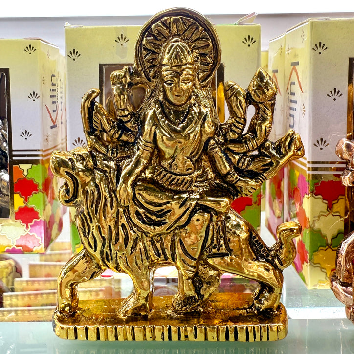 Shri Durga Maa Idol (3”) – Shimmering Golden Murti of the Warrior Goddess Riding Lion for Protection & Power