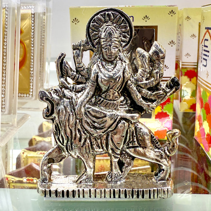 Shri Durga Maa Idol (3”) – Elegant Silver Murti of the Divine Warrior Goddess on Lion for Protection & Strength