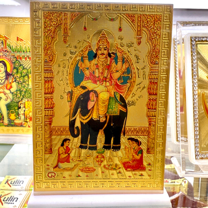 Shri Indra Dev Ji Foil Frame (3.5”) – Golden Spiritual Artwork of Indra Dev on Elephant with Devotees
