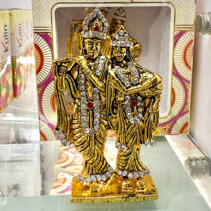 Shri Radha Krishna Ji Idol (2.5”) – Elegant Gold Finish with Sparkling Stones for Dashboard, Home & Gifting