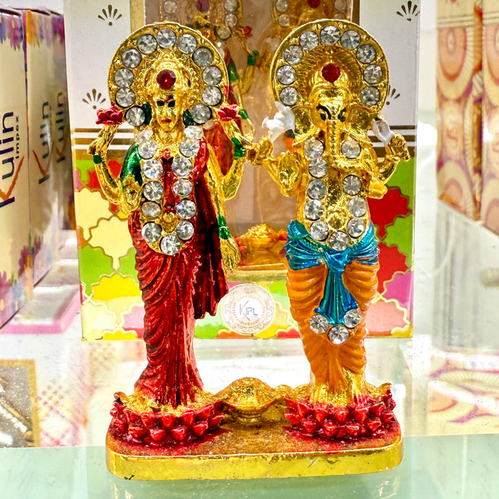 Shri Lakshmi Maa & Ganesh Ji Idol (2.5”) – Vibrant Stone-Studded Murti for Dashboard, Home & Gifting