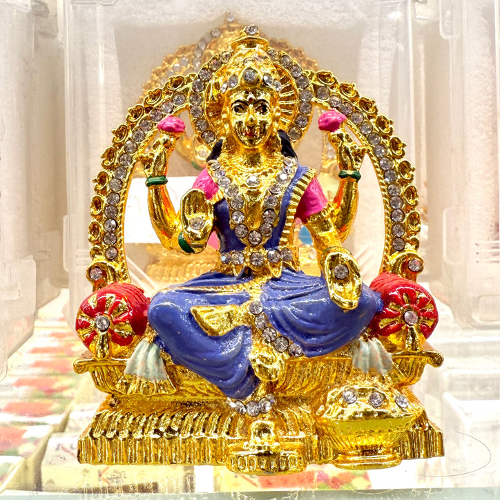 Shri Lakshmi Maa Idol (3”) – Mahalaxmi Murti for Dashboard, Home & Office Decor – Blue & Pink