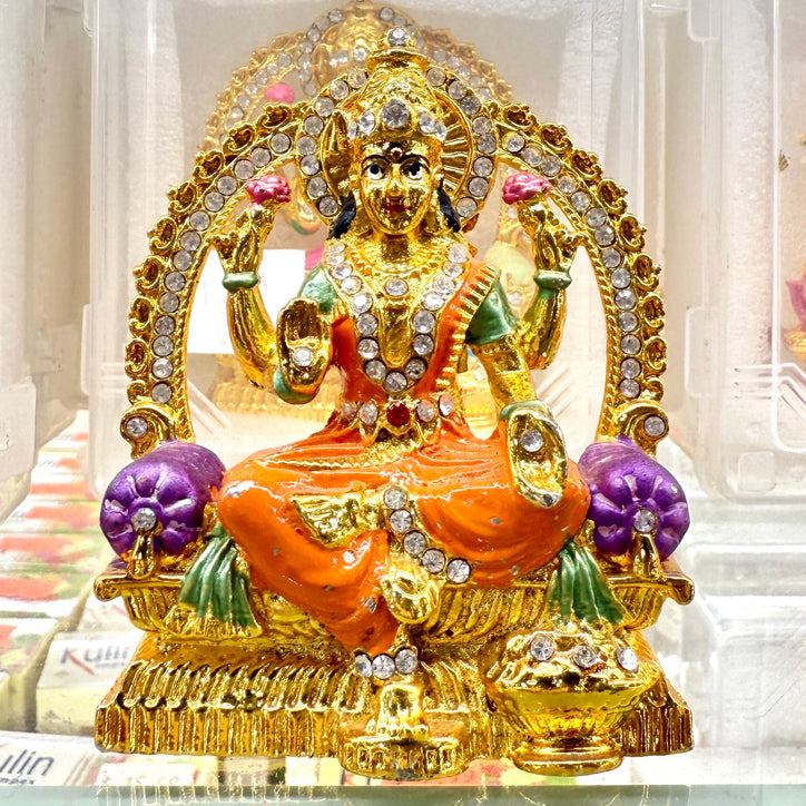 Shri Lakshmi Maa Idol (3”) – Mahalaxmi Murti for Dashboard, Home & Office – Orange & Green