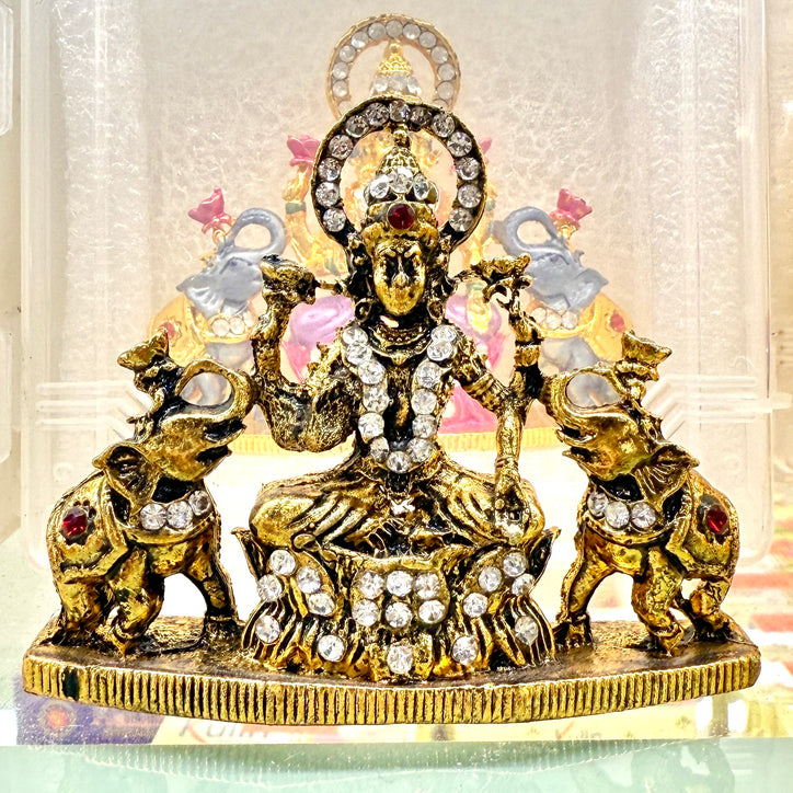Shri Lakshmi Maa Idol (2.5”) – Gajalakshmi Golden Finish Murti for Car Dashboard, Desk & Home Pooja