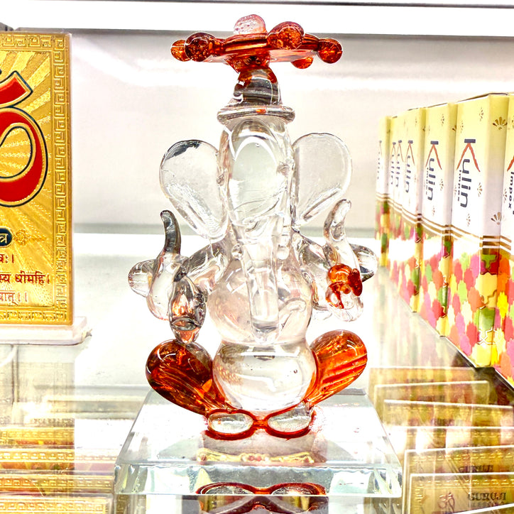 Shri Ganesh Ji Idol (3”) – Clear Glass with Orange Accents for Wisdom & New Beginnings