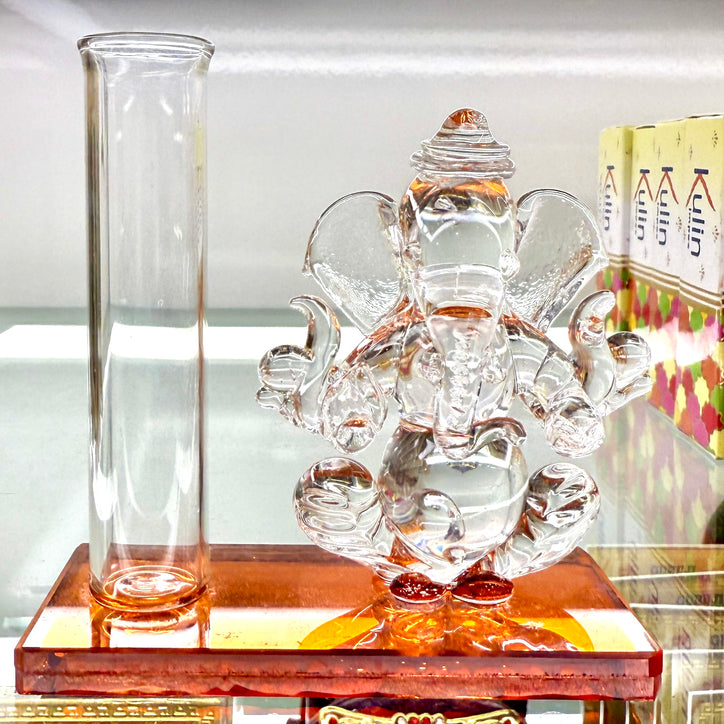 Shri Ganesh Ji Idol (3”) – Clear Glass with Holder Base for Fresh Flowers or Incense