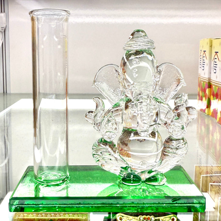 Shri Ganesh Ji Idol (3”) – Green Base Glass Murti with Holder for Flowers or Incense