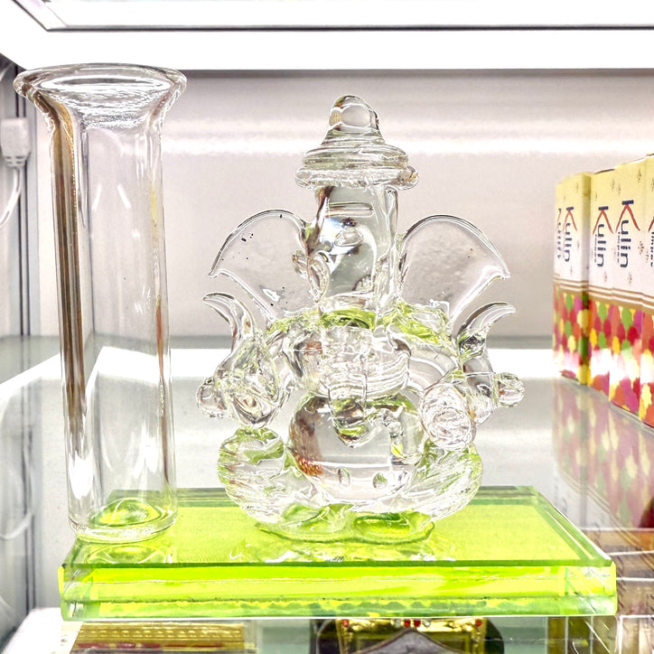 Shri Ganesh Ji Idol (3”) – Yellow-Green Glass Murti with Tube Holder for Flowers or Incense