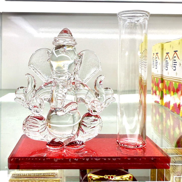 Shri Ganesh Ji Idol (3”) – Red Glass Murti with Holder for Flowers or Agarbatti