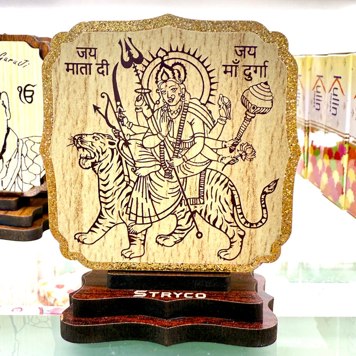 Shri Durga Maa Wooden Plaque (4”) – Tiger-Riding Mata Ji with Dashboard Tape