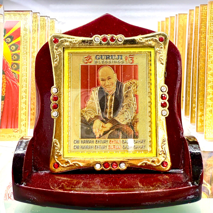 Guruji Blessings Idol with Red & Gold Frame (3”) – Spiritual Photo for Dashboard, Desk & Gift