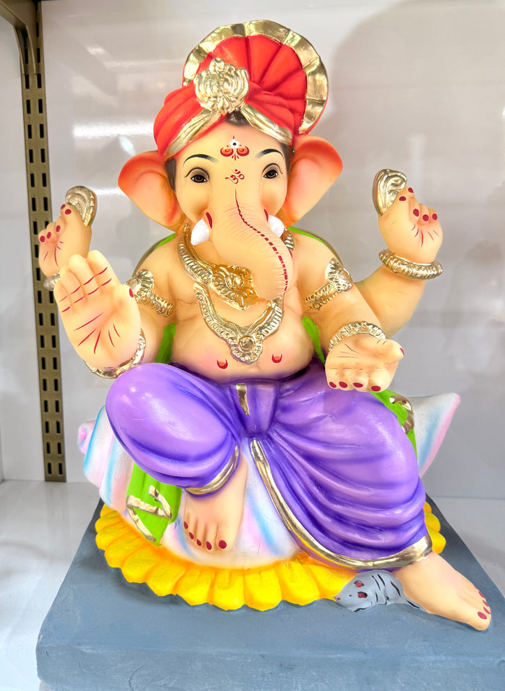 Eco-Friendly Ganpati Idol (18”) – Shri Ganesha Ji Clay Murti with Red Pagdi & Purple Dhoti – 100% Water-Soluble – Pickup in Brampton