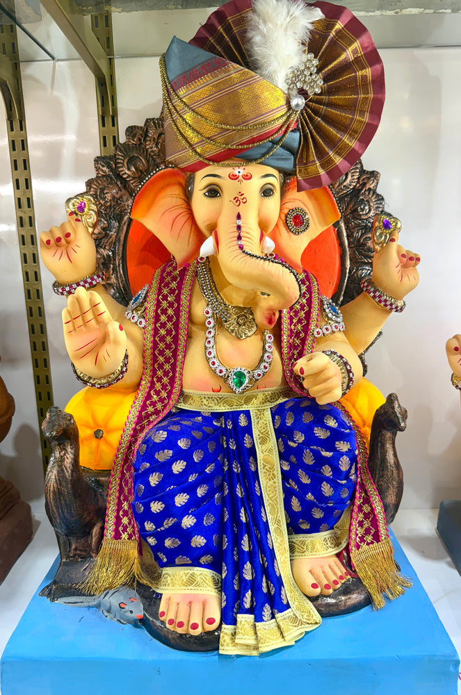 Eco-Friendly Ganpati Idol (18”) – Shri Ganesha Ji Clay Murti with Red Pagdi & Purple Dhoti – 100% Water-Soluble – Pickup in Brampton (Copy)