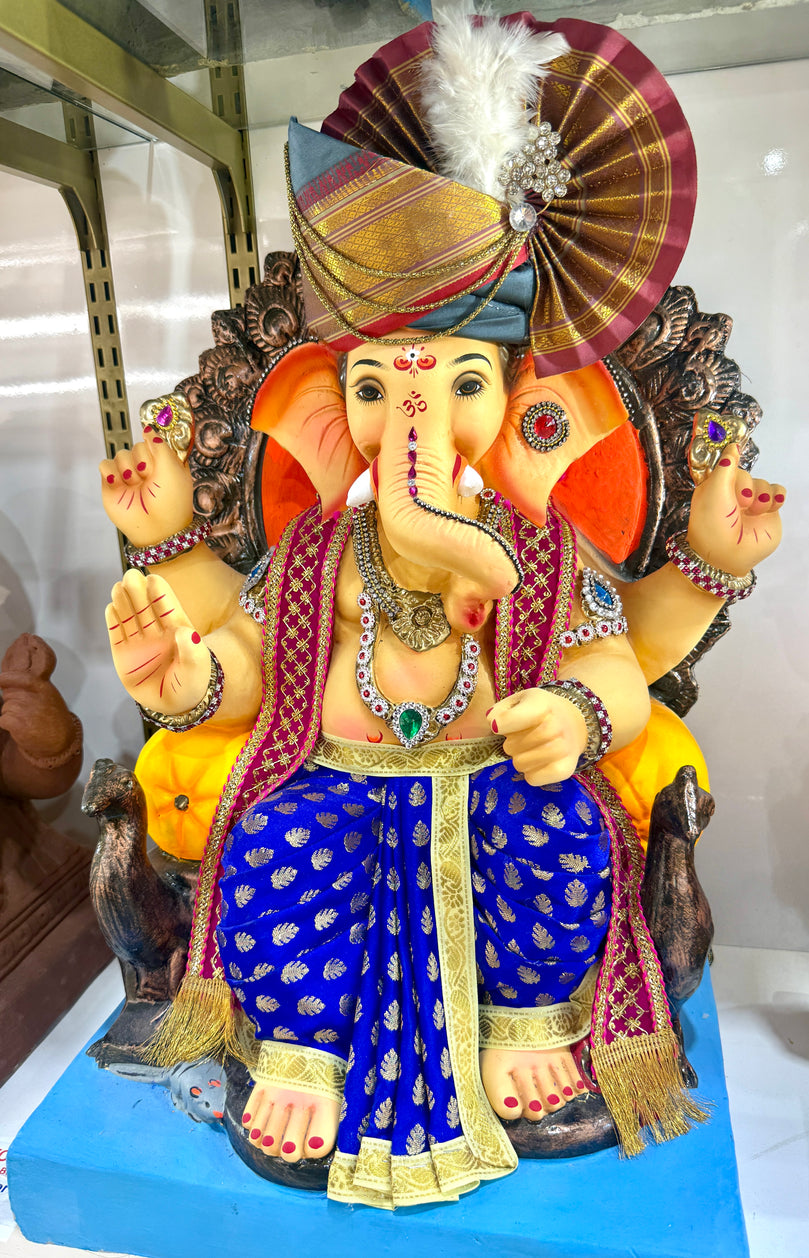 Eco-Friendly Ganpati Idol (18”) – Shri Ganesha Ji Clay Murti with Red Pagdi & Purple Dhoti – 100% Water-Soluble – Pickup in Brampton (Copy)