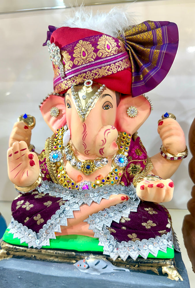 Eco-Friendly Ganapati Idol (12”) – Shri Ganesha Ji Murti with Purple Dress & Royal Pagdi – 100% Water-Soluble Clay – Pickup in Brampton