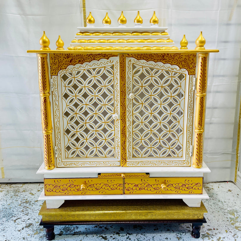 20 x 11 x 28" White & Gold Temple Mandir With Doors