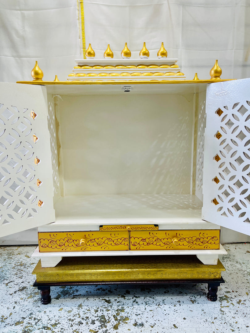 30 x 15 x 36" White & Gold Temple Mandir With Doors