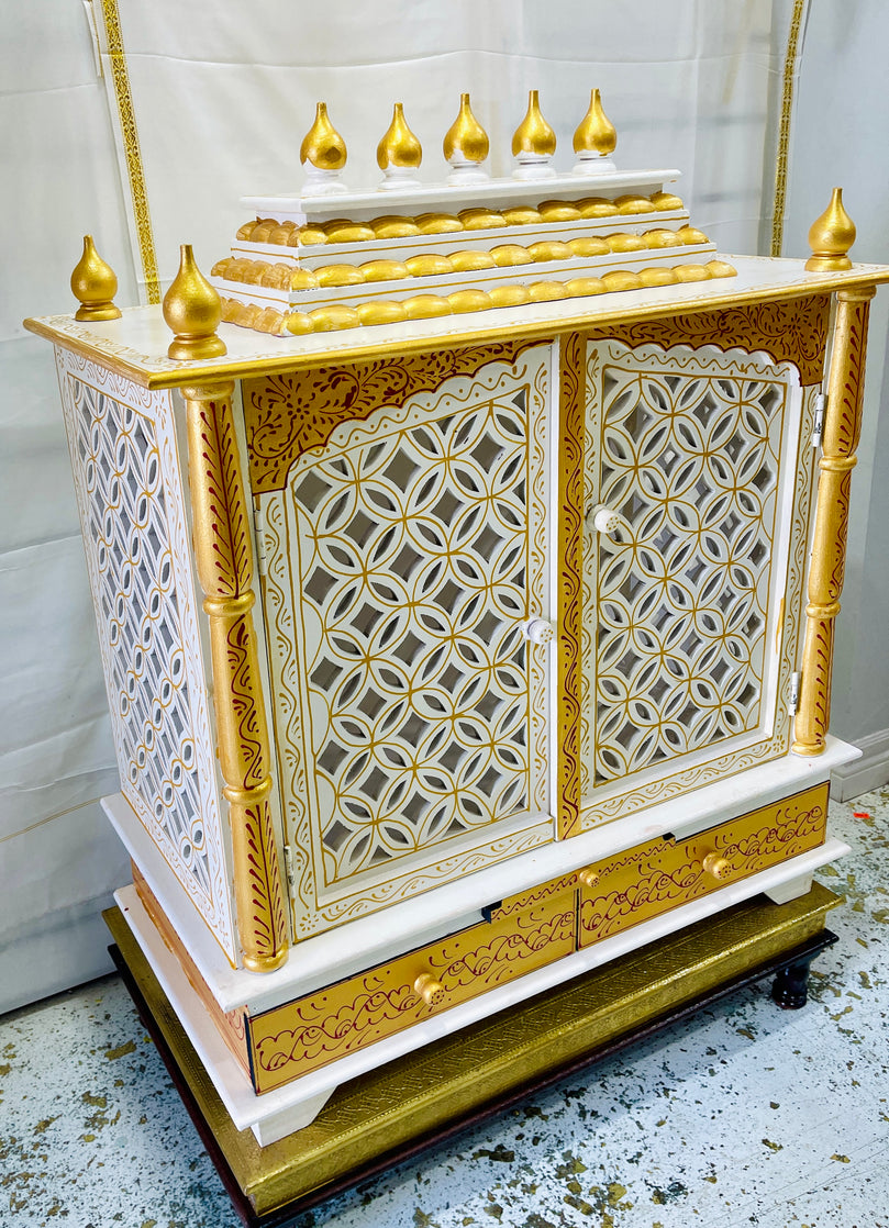 30 x 15 x 36" White & Gold Temple Mandir With Doors