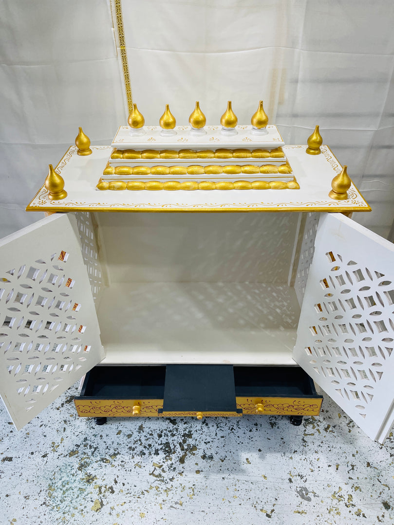 30 x 15 x 36" White & Gold Temple Mandir With Doors