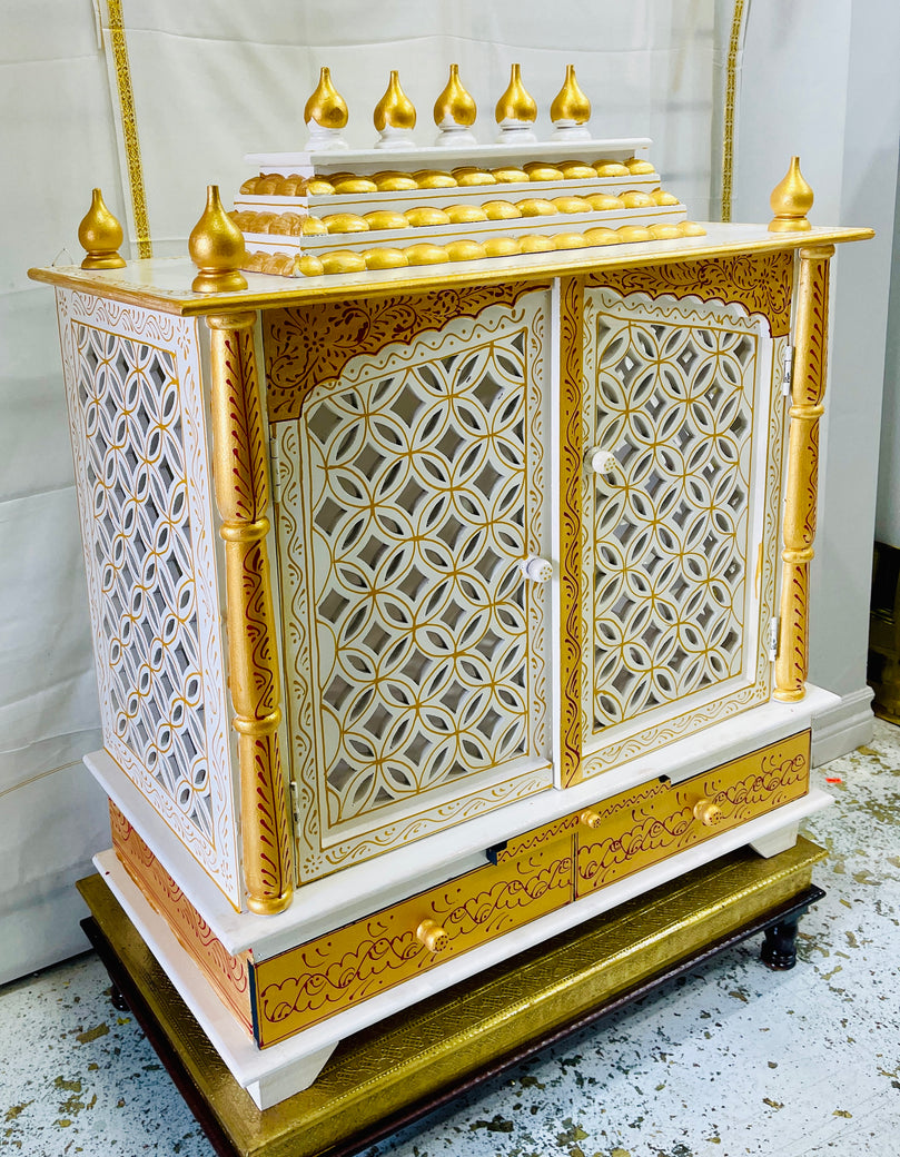 30 x 15 x 36" White & Gold Temple Mandir With Doors